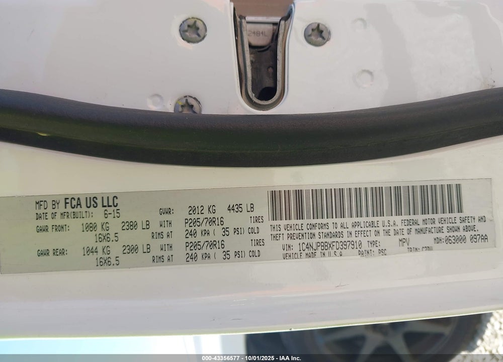 2015 JEEP PATRIOT VIN: 1C4NJPFB8FD160455