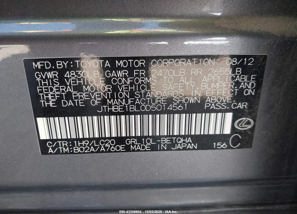 2013 LEXUS GS 350 VIN: JTHBE1BL0D5014561