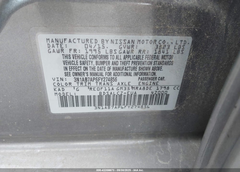 2015 NISSAN SENTRA S VIN: 3N1AB7AP6FY274856