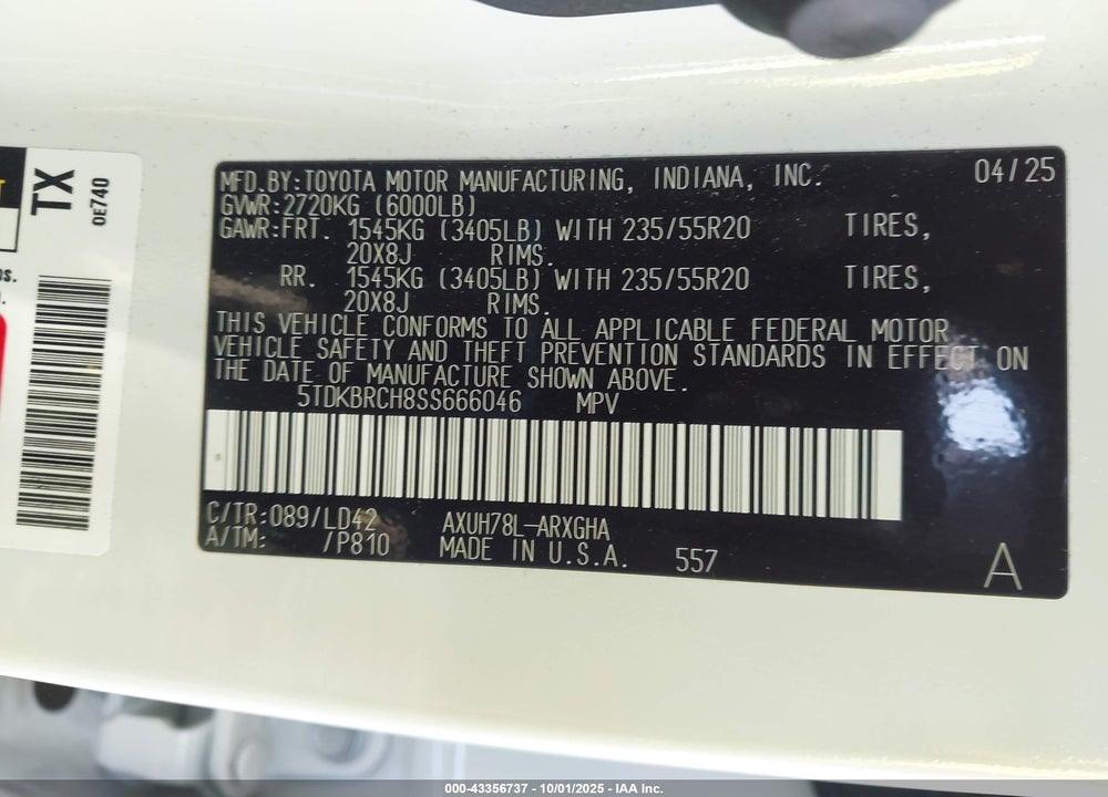 2025 TOYOTA HIGHLANDER HYBRID VIN: 5TDKBRCH8SS666046