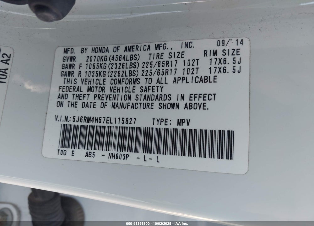 2014 HONDA CR-V VIN: 5J6RM4H57EL115827