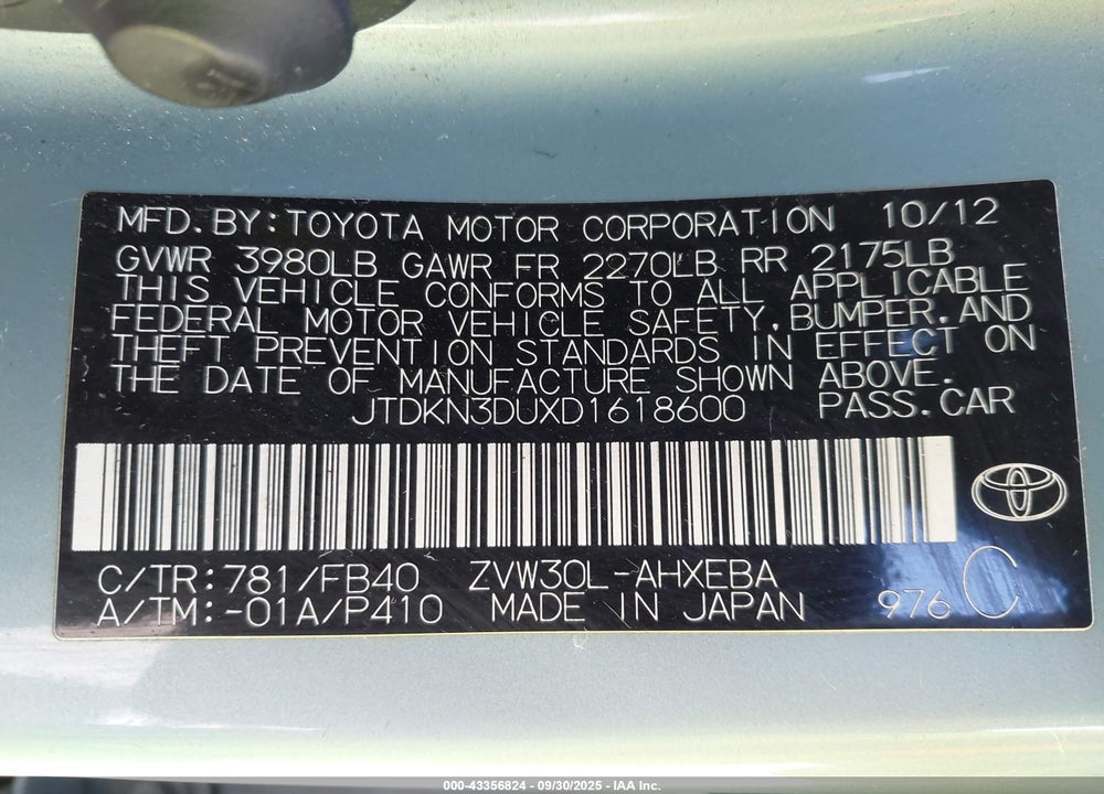 2013 TOYOTA PRIUS TWO VIN: JTDKN3DUXD1618600