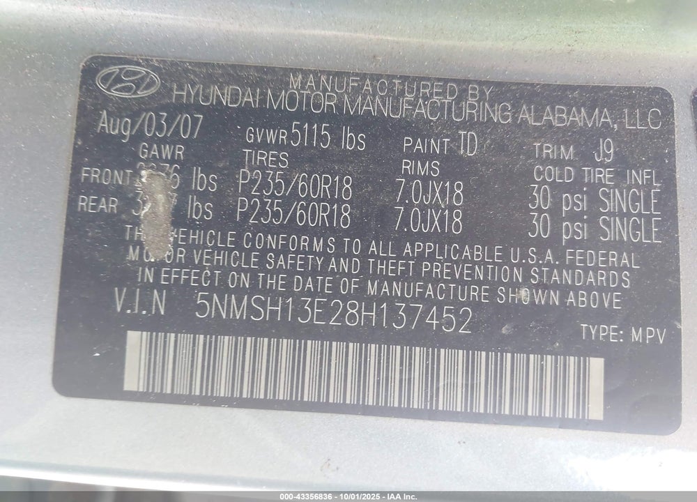 2008 HYUNDAI SANTA FE LIMITED/SE VIN: 5NMSH13E28H137452