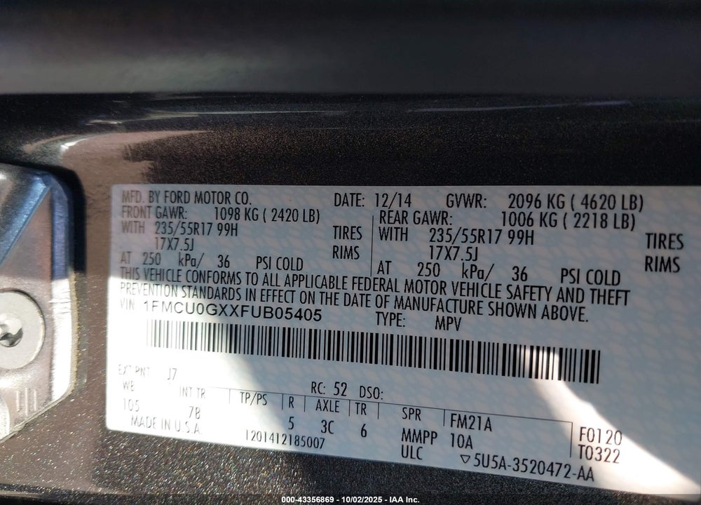 2015 FORD ESCAPE VIN: 1FMCU0GXXFUB05405