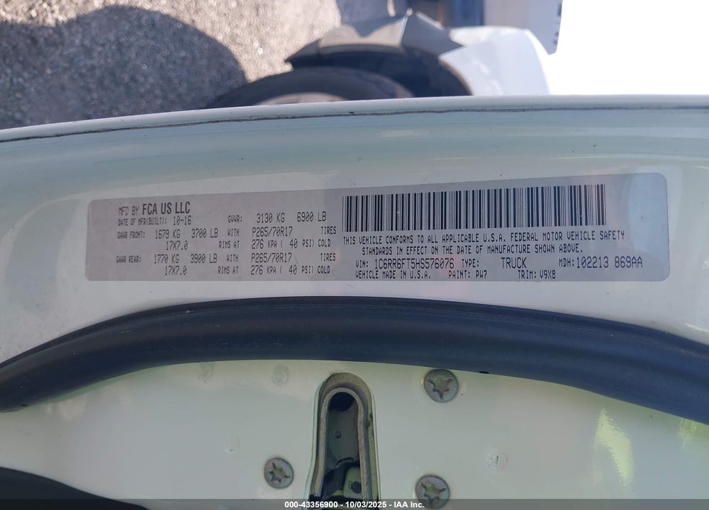 2017 RAM 1500 VIN: 1C6RR6FT5HS576076
