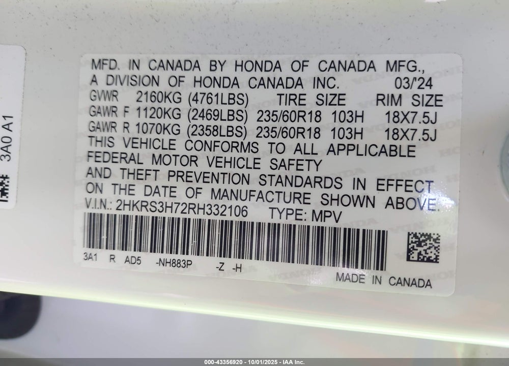 2024 HONDA CR-V EX-L 2WD VIN: 2HKRS3H72RH332106