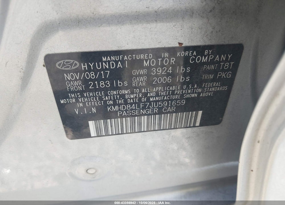 2018 HYUNDAI ELANTRA VIN: KMHD84LF7JU591659