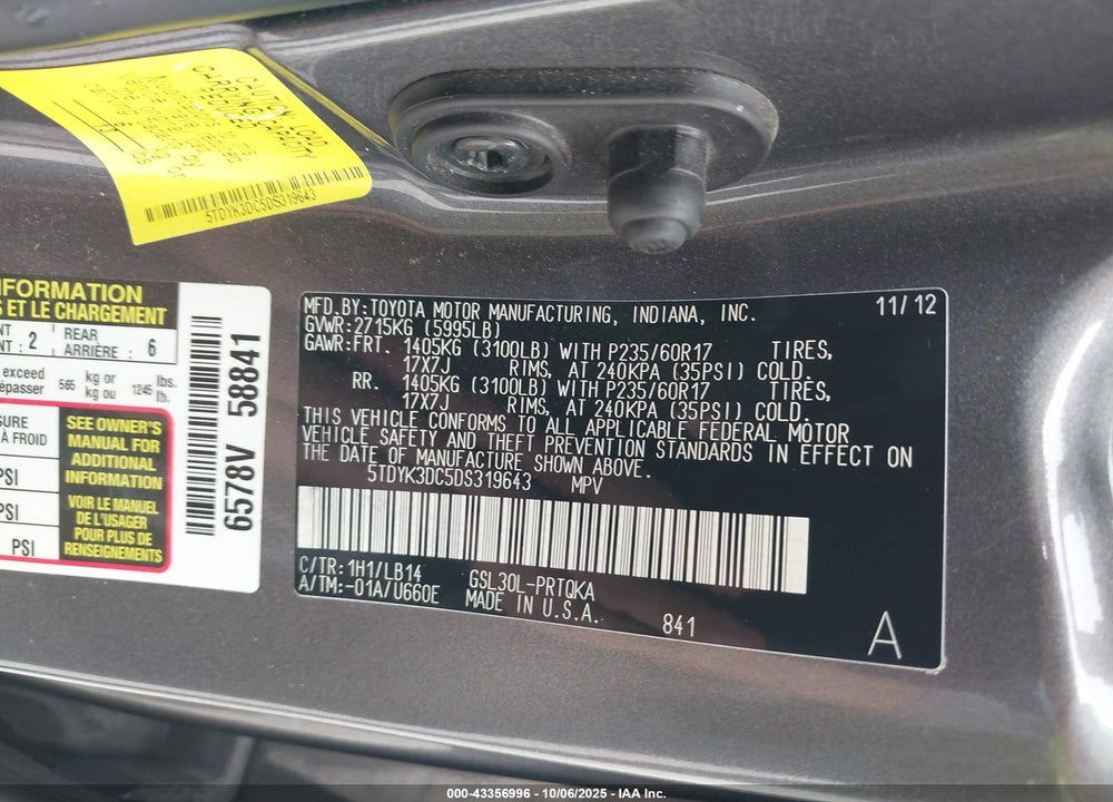 2013 TOYOTA SIENNA XLE V6 8 PASSENGER VIN: 5TDYK3DC5DS319643