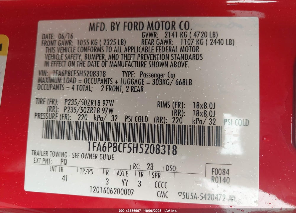 2017 FORD MUSTANG VIN: 1FA6P8CF5H5208318