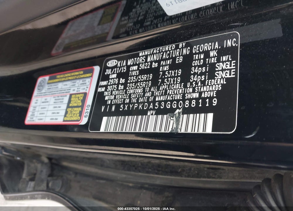 2016 KIA SORENTO VIN: 5XYPKDA53GG088119