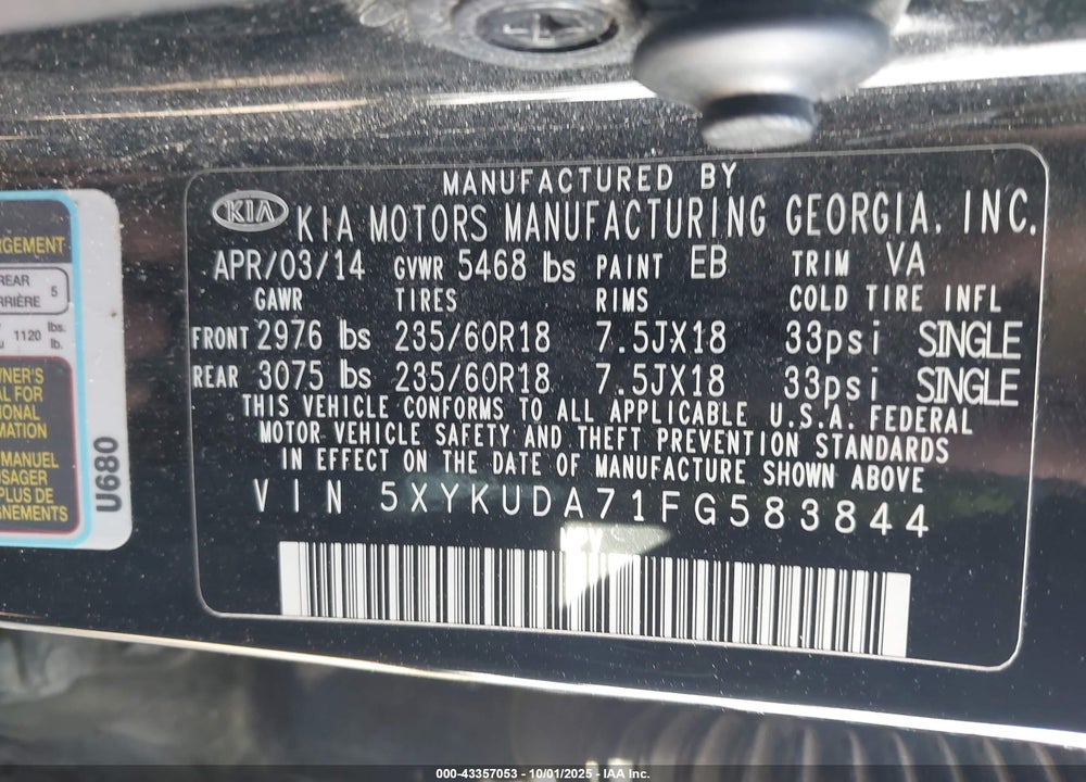 2015 KIA SORENTO EX V6 VIN: 5XYKUDA71FG583844