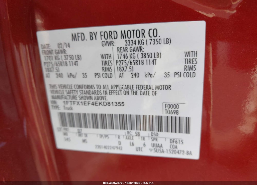 2014 FORD F-150 XLT VIN: 1FTFX1EF4EKD81355