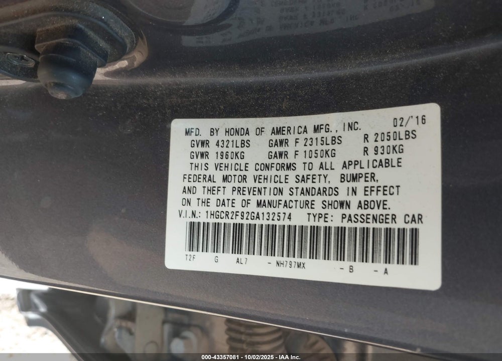 2016 HONDA ACCORD EX-L VIN: 1HGCR2F92GA132574