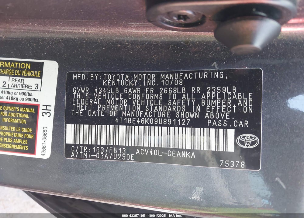 2009 TOYOTA CAMRY LE VIN: 4T1BE46K09U891127