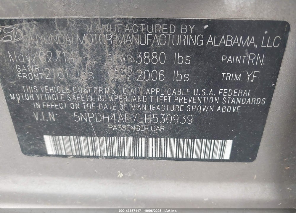 2014 HYUNDAI ELANTRA VIN: 5NPDH4AE7EH530939
