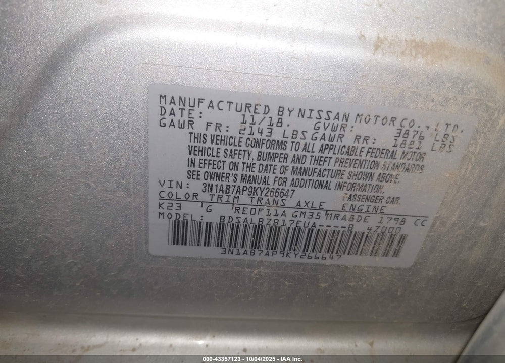 2019 NISSAN SENTRA S VIN: 3N1AB7AP9KY266647