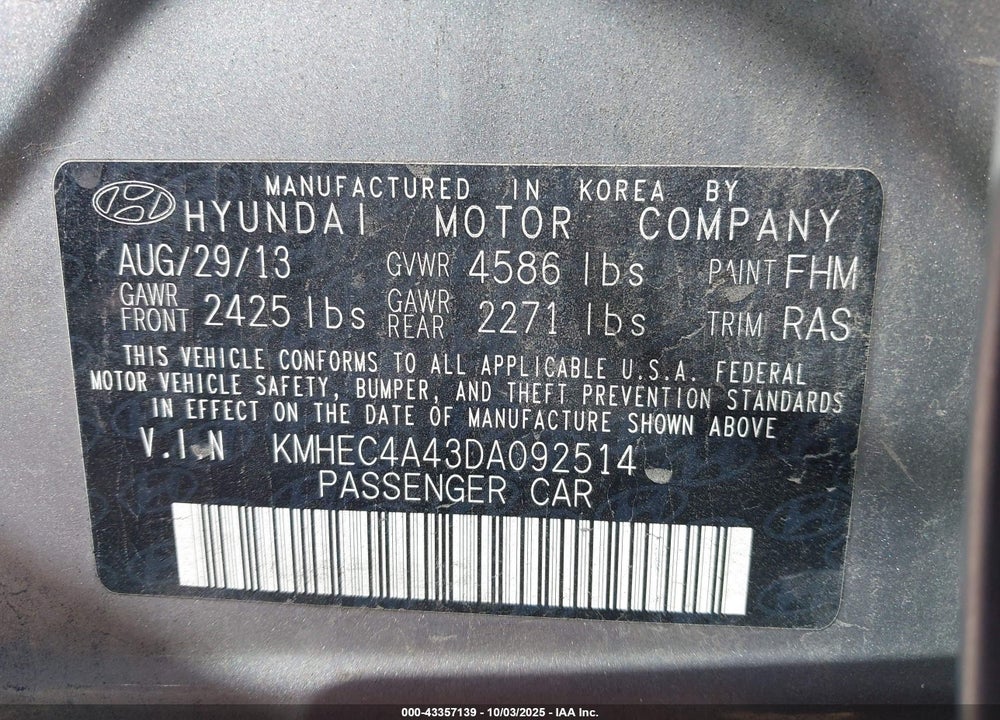 2013 HYUNDAI SONATA HYBRID VIN: KMHEC4A43DA092514