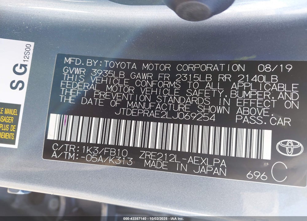 2020 TOYOTA COROLLA LE VIN: JTDEPRAE2LJ069254
