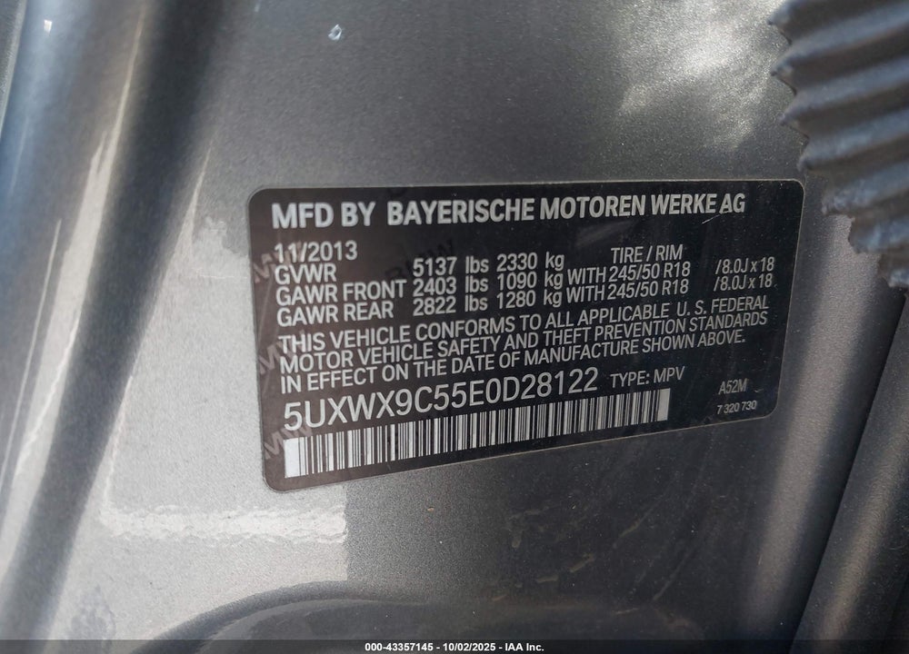 2014 BMW X3 VIN: 5UXWX9C55E0D28122