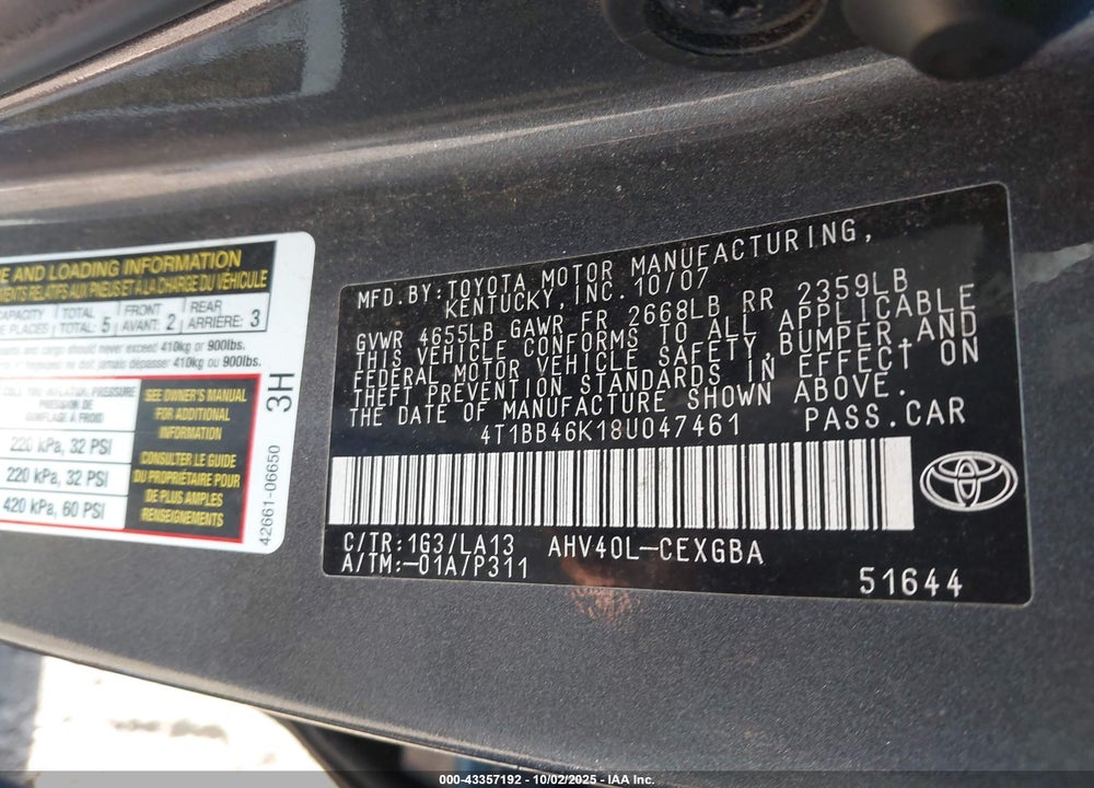 2008 TOYOTA CAMRY HYBRID VIN: 4T1BB46K18U047461