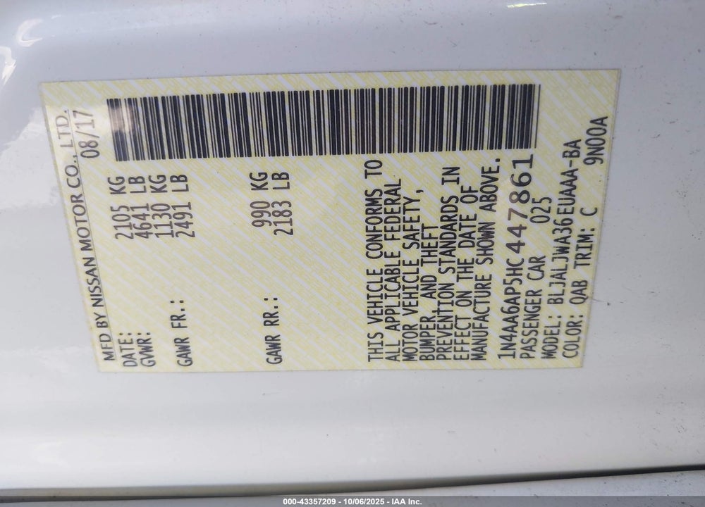 2017 NISSAN MAXIMA VIN: 1N4AA6AP5HC447861