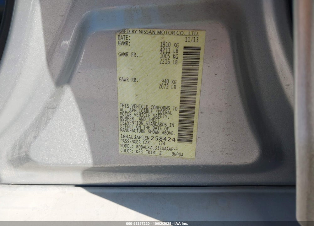 2014 NISSAN ALTIMA 2.5 SL VIN: 1N4AL3AP1EN258424