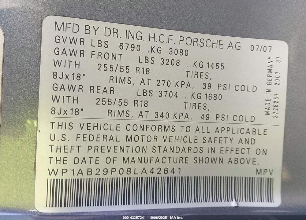 2008 PORSCHE CAYENNE VIN: WP1AB29P08LA42641