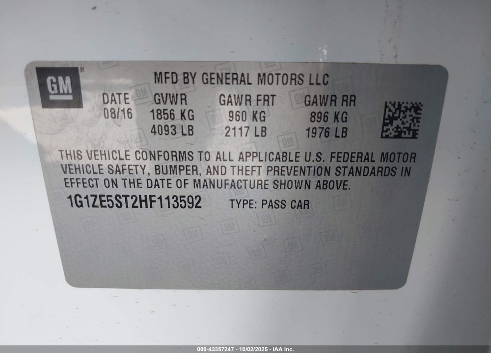 2017 CHEVROLET MALIBU 1LT VIN: 1G1ZE5ST2HF113592
