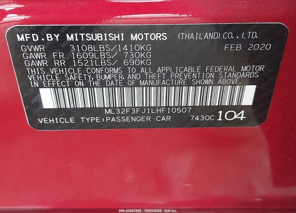 2020 MITSUBISHI MIRAGE VIN: ML32F3FJ1LHF10507