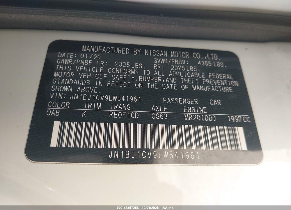 2020 NISSAN ROGUE SPORT SL FWD XTRONIC CVT VIN: JN1BJ1CV9LW541961