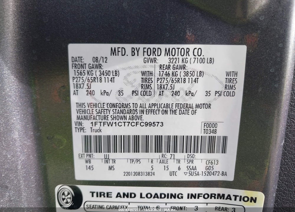 2012 FORD F-150 VIN: 1FTFW1CT7CFC99573