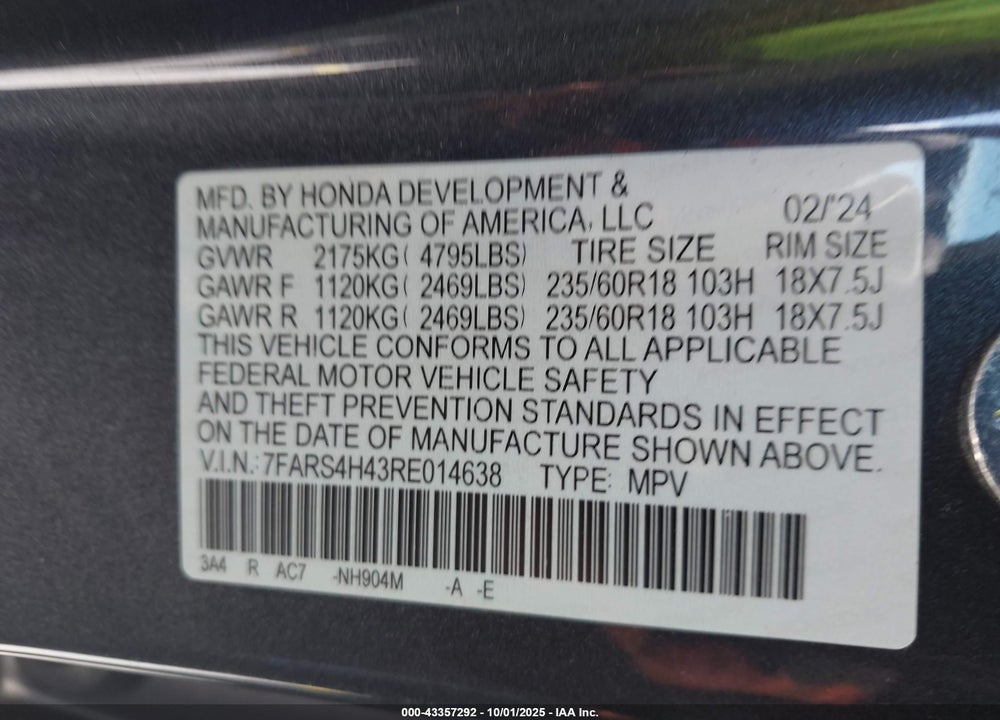 2024 HONDA CR-V EX AWD VIN: 7FARS4H43RE014638