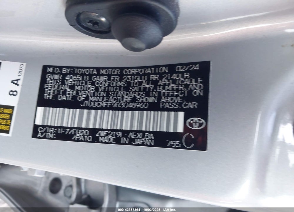 2024 TOYOTA COROLLA HYBRID LE VIN: JTDBCMFE9R3048960