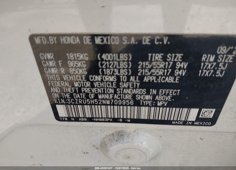 2022 HONDA HR-V 2WD EX VIN: 3CZRU5H52NM709956