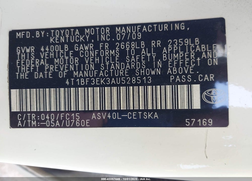 2010 TOYOTA CAMRY VIN: 4T1BF3EK3AU528513