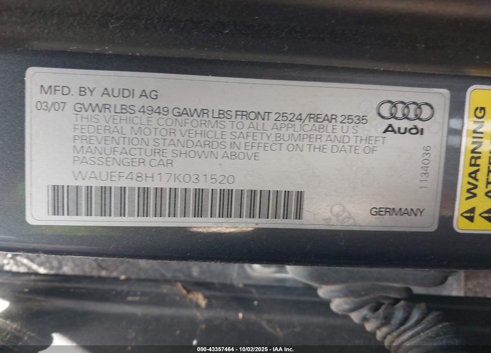 2007 AUDI A4 VIN: WAUEF48H17K031520