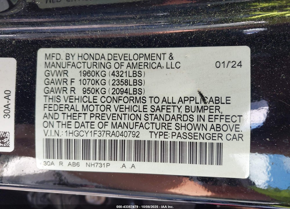 2024 HONDA ACCORD VIN: 1HGCY1F37RA040792