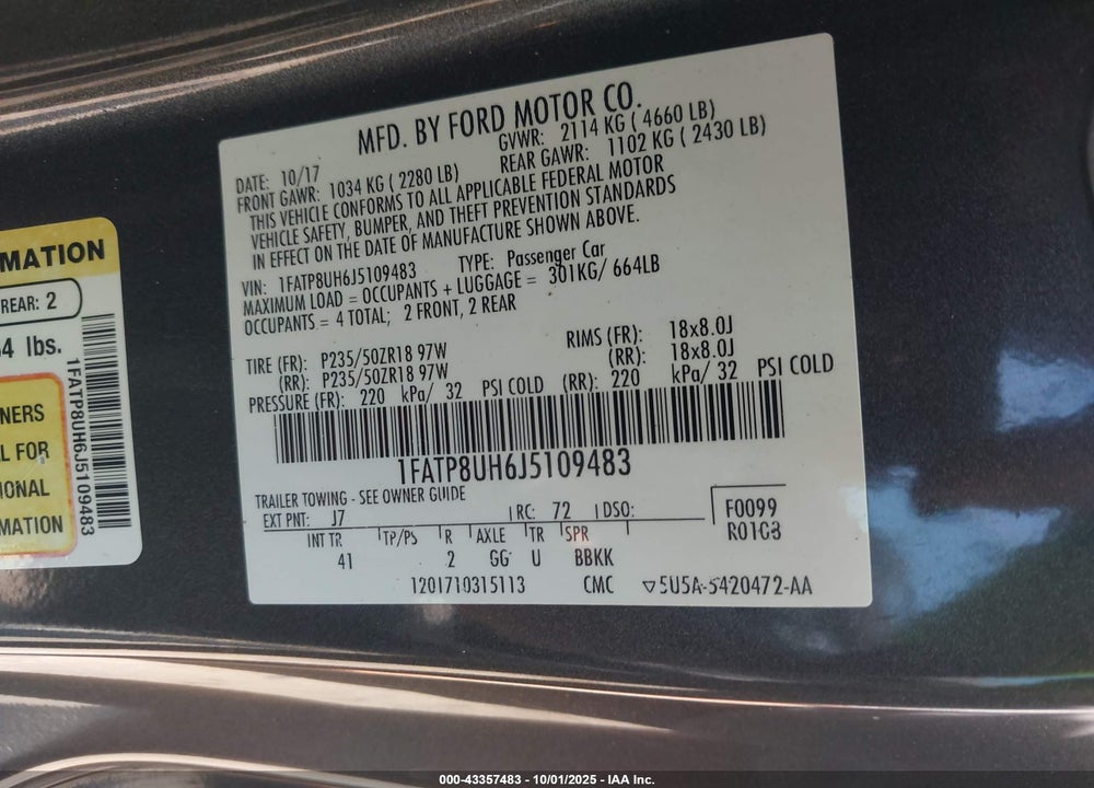 2018 FORD MUSTANG ECOBOOST PREMIUM VIN: 1FATP8UH6J5109483