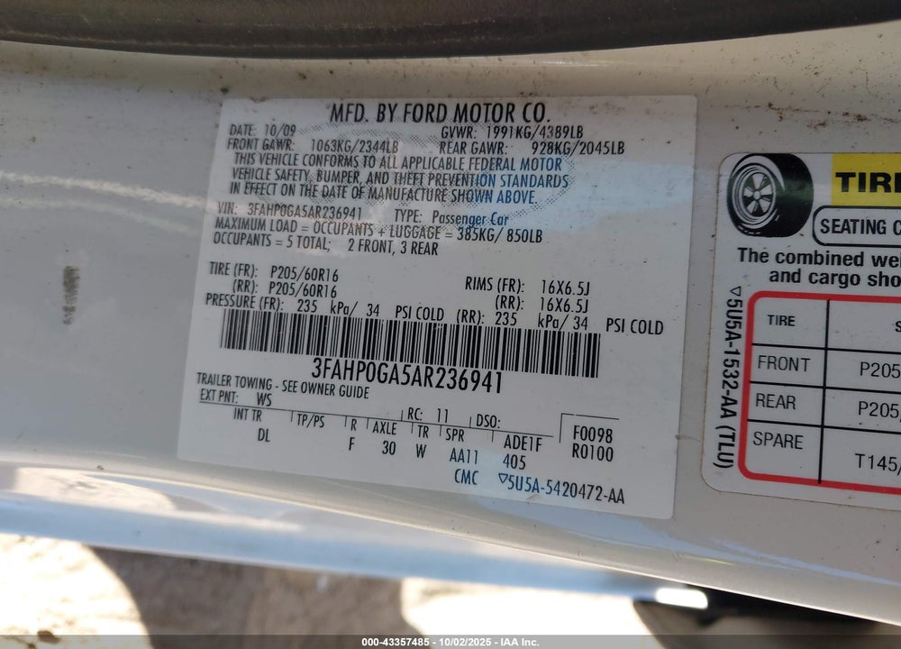 2010 FORD FUSION VIN: 3FAHP0GA5AR236941
