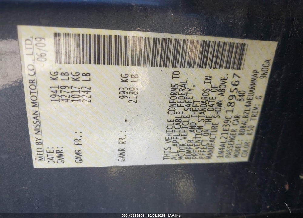 2009 NISSAN ALTIMA VIN: 1N4AL21E39C189567