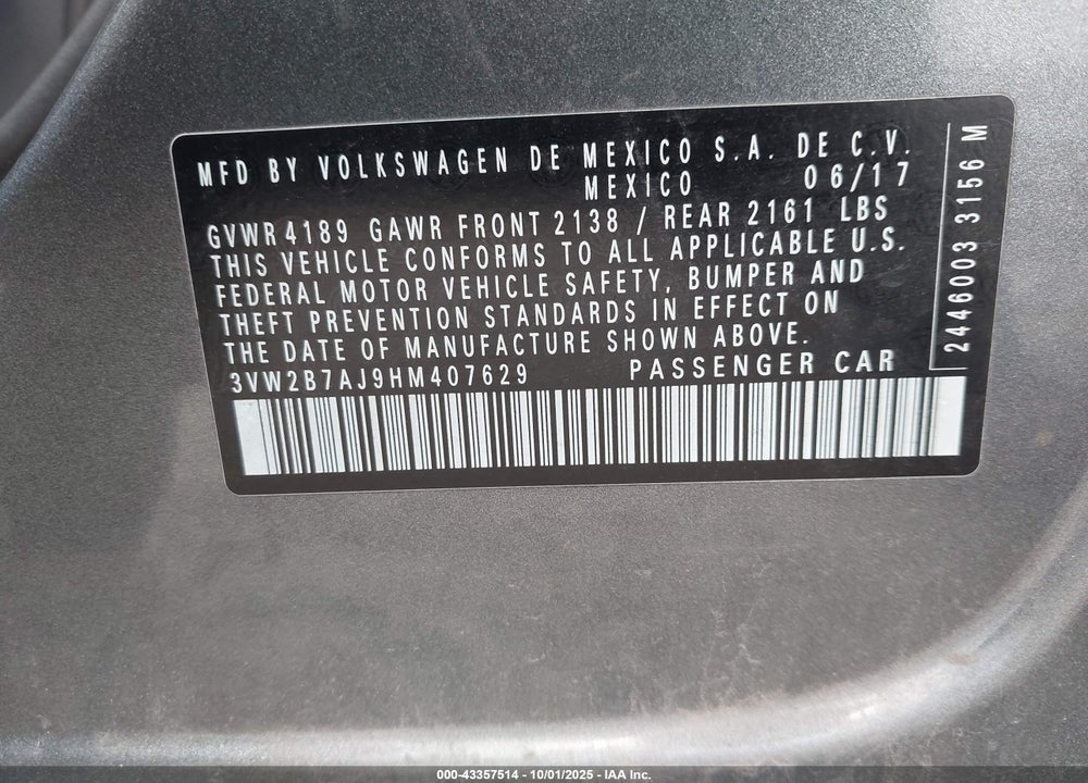 2017 VOLKSWAGEN JETTA VIN: 3VW2B7AJ9HM407629