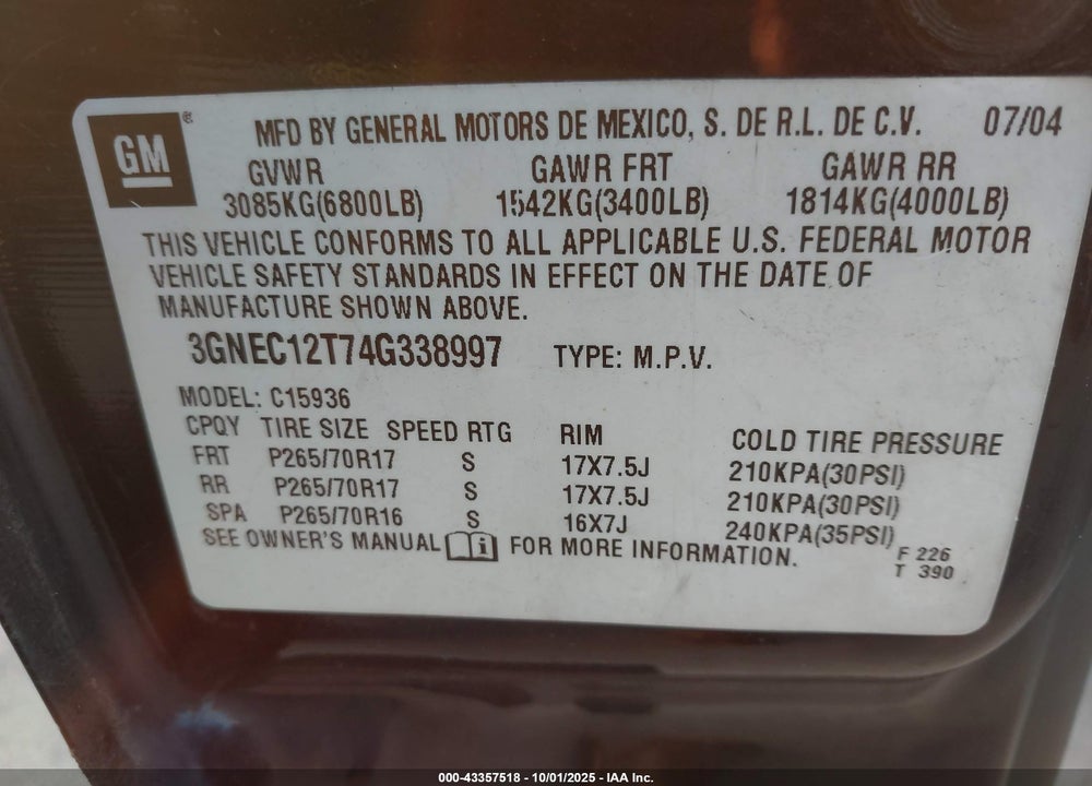 2004 CHEVROLET AVALANCHE 1500 VIN: 3GNEC12T74G338997
