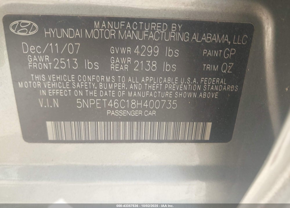 2008 HYUNDAI SONATA VIN: 5NPET46C18H400735