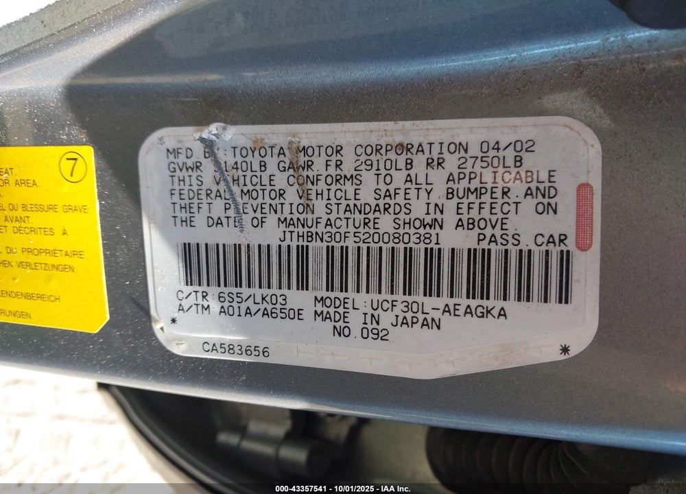 2002 LEXUS LS 430 VIN: JTHBN30F520080381