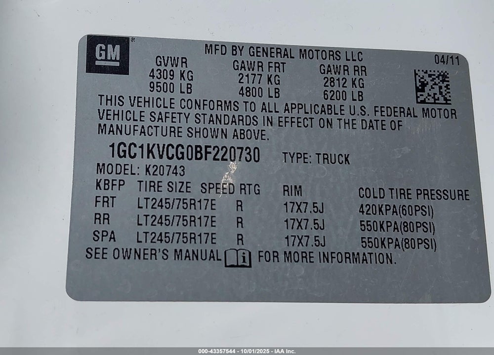 2011 CHEVROLET SILVERADO 2500 VIN: 1GC1KVCG0BF220730