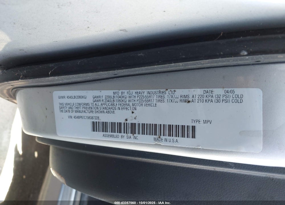 2005 SUBARU OUTBACK 2.5XT LIMITED VIN: 4S4BP67C156387228