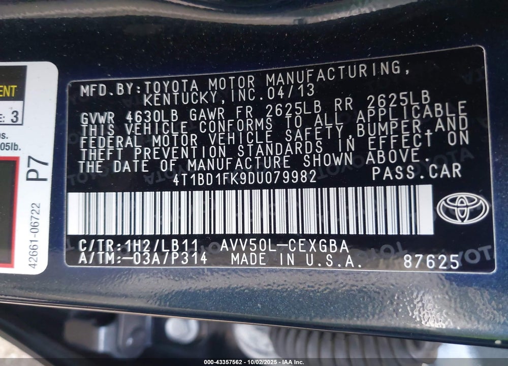 2013 TOYOTA CAMRY HYBRID VIN: 4T1BD1FK9DU079982
