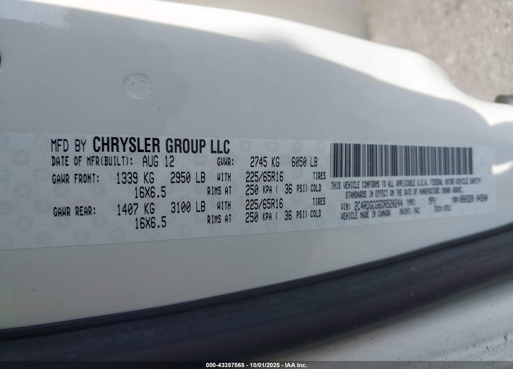 2013 DODGE GRAND CARAVAN VIN: 2C4RDGCG6DR520244