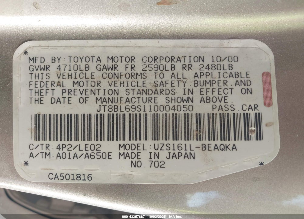 2001 LEXUS GS 430 VIN: JT8BL69S110004050