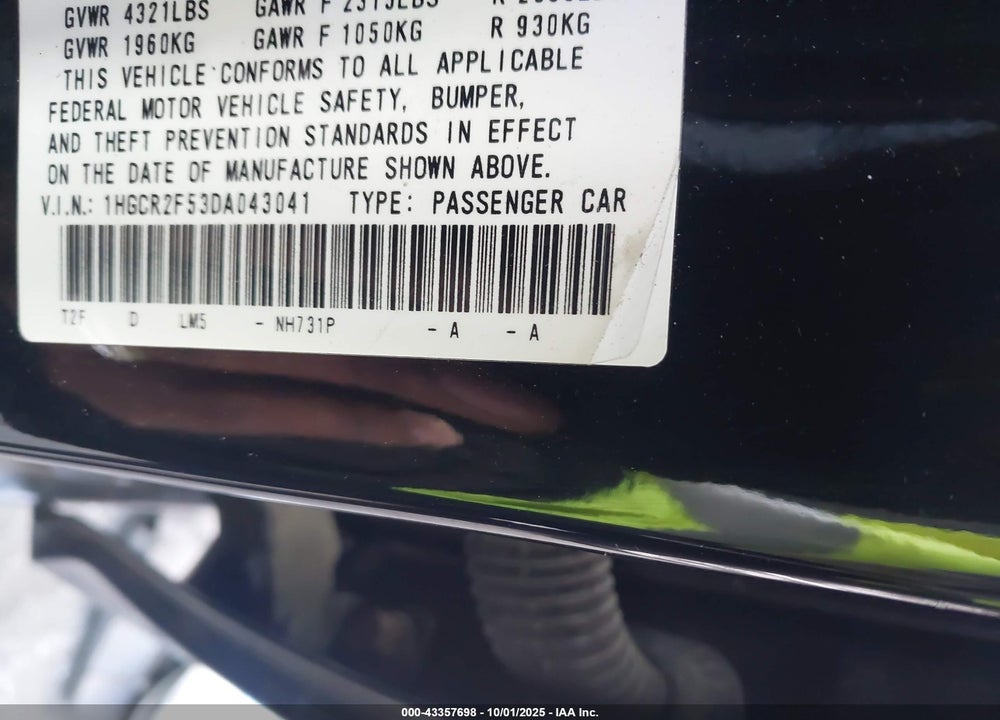 2013 HONDA ACCORD VIN: 1HGCR2F53DA043041
